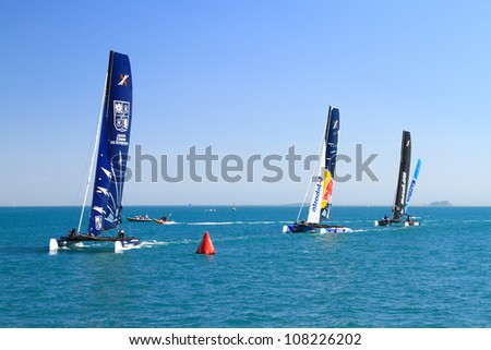 ISTANBUL - JUNE 09: Groupe Edmond De Rothschild, Red Bull Sailing, ZouLou and The Wave, Muscat team boats compete in the Extreme Sailing Series, on June 09, 2012 Istanbul, Turkey.