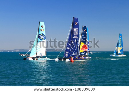ISTANBUL - JUNE 09: GAC Pindar, Groupe Edmond De Rothschild and Red Bull Sailing team boats compete in the Extreme Sailing Series, on June 09, 2012 Istanbul, Turkey.
