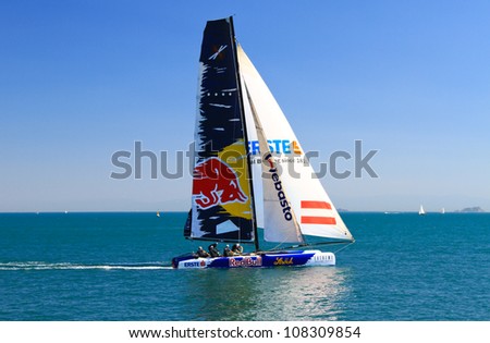 ISTANBUL - JUNE 09: Skipper Roman Hagara, Red Bull Sailing team boat competes in the Extreme Sailing Series, on June 09, 2012 Istanbul, Turkey.