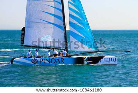 ISTANBUL - JUNE 09: Skipper Ian Williams, GAC Pindar team boat competes in the Extreme Sailing Series, on June 09, 2012 Istanbul, Turkey.