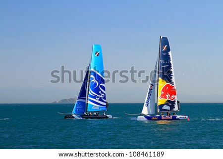 ISTANBUL - JUNE 09: The Wave, Muscat and Red Bull Sailing team boats compete in the Extreme Sailing Series, on June 09, 2012 Istanbul, Turkey.