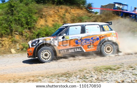 ISTANBUL - JULY 07: Antonin Tlustak drives a Mini Cooper Jcw car during 41st Bosphorus Rally ERC Championship, Halli Stage on July 7, 2012 in Istanbul, Turkey.