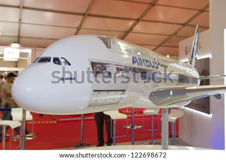 ISTANBUL - SEPTEMBER 08: Model of Airbus A380 on Airex Istanbul 9th international civil aviation and airports exhibition on September 08, 2012 in Istanbul, Turkey.