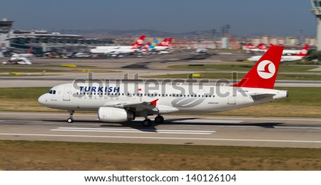 ISTANBUL - MAY 26: Turkish Airlines Airbus A320-232 accelerate to takeoff at Ataturk Airport on May 26, 2013 in Istanbul, Turkey. TA is named the Best Airline in Europe 2012 World Airline Awards.