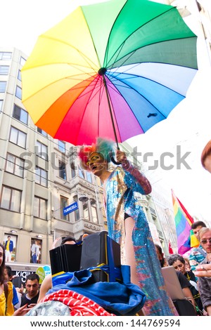 ISTANBUL - JUNE 30: Person with her costume in LGBT pride parade on June 30, 2013 in Istanbul, Turkey. Almost 100.000 people attracted to pride parade and the biggest pride ever held in Turkey.