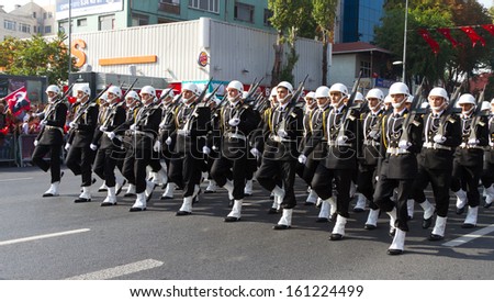 ISTANBUL - OCTOBER 29: Soldiers march at Vatan Avenue during Republic Day celebration of Turkey on October 29, 2013 in Istanbul, Turkey.