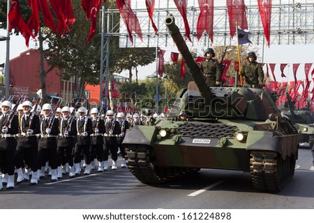 ISTANBUL - OCTOBER 29: Tank at Vatan Avenue during Republic Day celebration of Turkey on October 29, 2013 in Istanbul, Turkey.