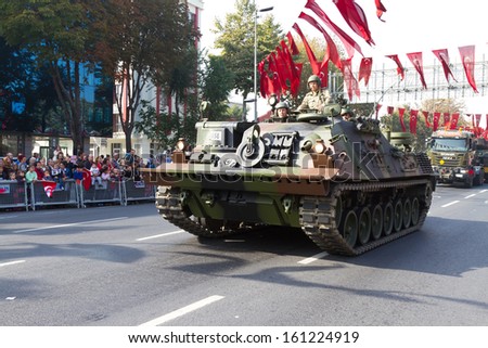 ISTANBUL - OCTOBER 29: Tracked vehicle at Vatan Avenue during Republic Day celebration of Turkey on October 29, 2013 in Istanbul, Turkey.