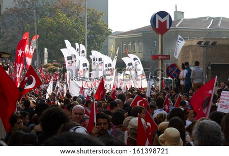 ISTANBUL - OCTOBER 29: People gathered at Sishane Square to march Dolmabahce during Republic Day of Turkey on October 29, 2013 in Istanbul, Turkey.