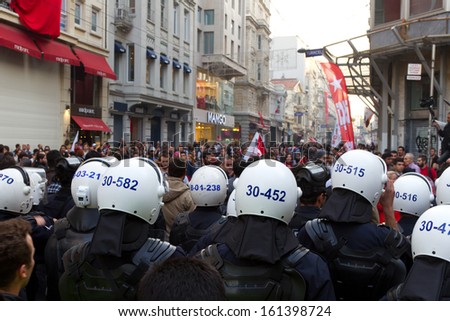 ISTANBUL - OCTOBER 29: Police did not allow to go to Dolmabahce by Taksim Square during Republic Day of Turkey on October 29, 2013 in Istanbul, Turkey.