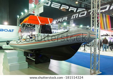 ISTANBUL - FEBRUARY 22: An Inflatable Boat in CNR Avrasya Boat Show on February 22, 2014 in Istanbul, Turkey.