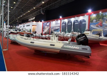 ISTANBUL - FEBRUARY 22: Lomac inflatable boat in CNR Avrasya Boat Show on February 22, 2014 in Istanbul, Turkey.
