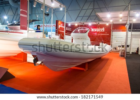 ISTANBUL - FEBRUARY 22: Pirelli inflatable boat in CNR Avrasya Boat Show on February 22, 2014 in Istanbul, Turkey.