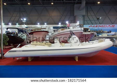 ISTANBUL - FEBRUARY 22: GRAND Golden Line G650 inflatable boat in CNR Avrasya Boat Show on February 22, 2014 in Istanbul, Turkey.