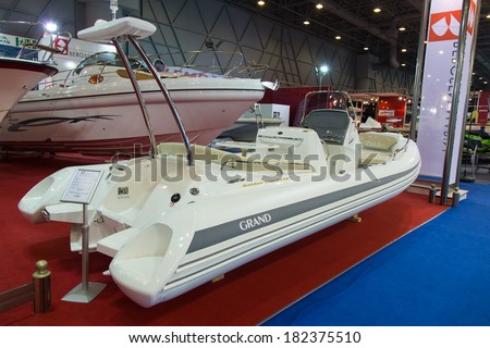 ISTANBUL - FEBRUARY 22: GRAND Golden Line G650 inflatable boat in CNR Avrasya Boat Show on February 22, 2014 in Istanbul, Turkey.