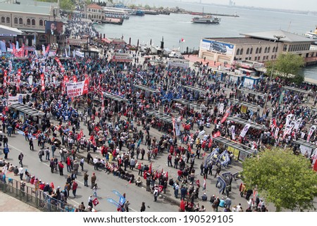 ISTANBUL, TURKEY - MAY 01, 2014: Unions gathered in Kadikoy to celebrate International Workers\' Day.
