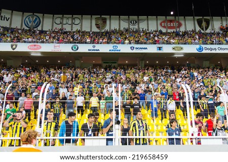 ISTANBUL - AUGUST 08, 2014: Supporters during Soma Charity Tournament in Sukru Saracoglu Stadium.