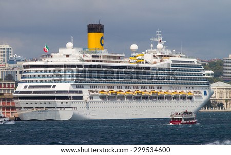 ISTANBUL, TURKEY - AUGUST 30, 2014: Costa Magica cruise ship in Istanbul port. Ship has 3,470 passenger capacity with 102.587 Gross tonnage.