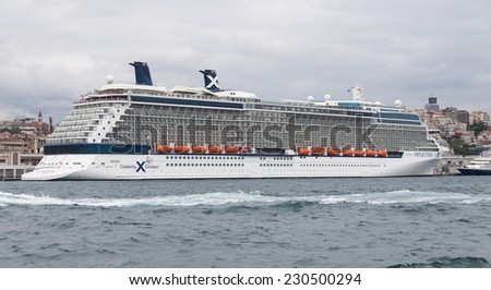 ISTANBUL, TURKEY - AUGUST 30, 2014: Celebrity Reflection cruise ship in Istanbul port. Ship has 3,046 passenger capacity with 125.366 Gross tonnage.