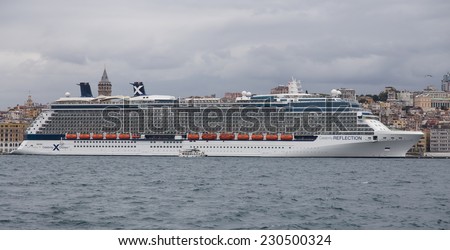 ISTANBUL, TURKEY - AUGUST 30, 2014: Celebrity Reflection cruise ship in Istanbul port. Ship has 3,046 passenger capacity with 125.366 Gross tonnage.