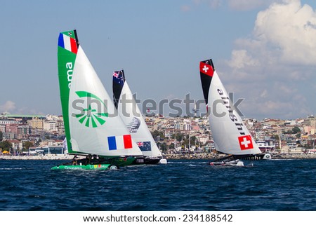 ISTANBUL, TURKEY - SEPTEMBER 13, 2014: Groupama,  Emirates Team New Zealand and Alinghi Teams competes in Extreme Sailing Series.