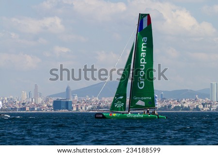 ISTANBUL, TURKEY - SEPTEMBER 13, 2014: Skipper Franck Cammas, Groupama sailing team competes in Extreme Sailing Series.