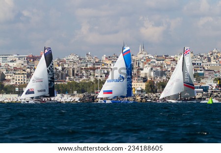 ISTANBUL, TURKEY - SEPTEMBER 13, 2014: Emirates Team New Zealand, Gazprom Team Russia and J.P. Morgan BAR Teams competes in Extreme Sailing Series.