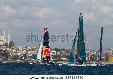 ISTANBUL, TURKEY - SEPTEMBER 13, 2014: Red Bull Sailing and Oman Air Teams competes in Extreme Sailing Series.