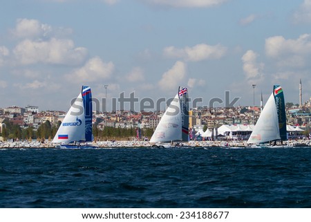 ISTANBUL, TURKEY - SEPTEMBER 13, 2014: Oman Air, Gazprom Team Russia and J.P. Morgan BAR Teams competes in Extreme Sailing Series.