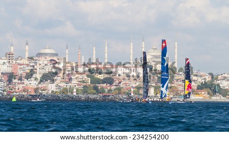 ISTANBUL, TURKEY - SEPTEMBER 13, 2014: Red Bull Sailing, Emirates Team New Zealand and Realteam Teams competes in Extreme Sailing Series.