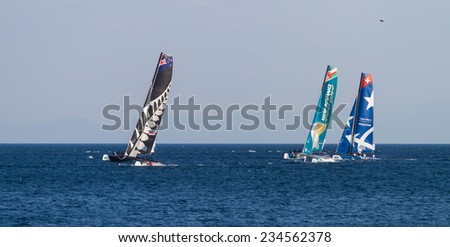 ISTANBUL, TURKEY - SEPTEMBER 13, 2014: Oman Air, Emirates Team New Zealand and Realteam Teams competes in Extreme Sailing Series.