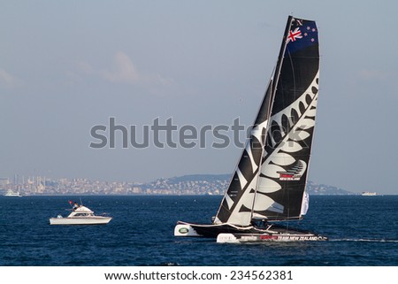 ISTANBUL, TURKEY - SEPTEMBER 13, 2014: Skipper Dean Barker, Emirates Team New Zealand competes in Extreme Sailing Series.