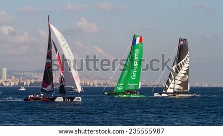 ISTANBUL, TURKEY - SEPTEMBER 13, 2014: Groupama, Alinghi and Emirates Team New Zealand Teams competes in Extreme Sailing Series.