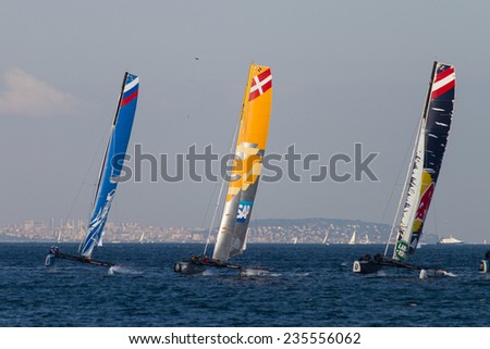 ISTANBUL, TURKEY - SEPTEMBER 13, 2014: Red Bull Sailing, Gazprom Team Russia and SAP teams compete in Extreme Sailing Series.