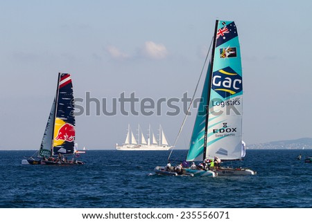 ISTANBUL, TURKEY - SEPTEMBER 13, 2014: Red Bull Sailing and GAC Pindar teams compete in Extreme Sailing Series.