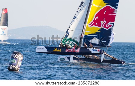 ISTANBUL, TURKEY - SEPTEMBER 13, 2014: Skipper Roman Hagara, Red Bull Sailing Team competes in Extreme Sailing Series.