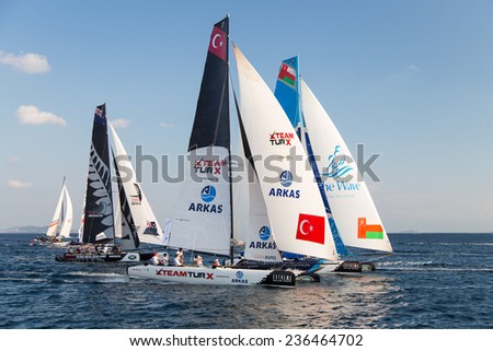 ISTANBUL, TURKEY - SEPTEMBER 13, 2014: Emirates Team New Zealand, The Wave, Muscat and TeamTurx compete in Extreme Sailing Series.