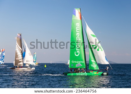ISTANBUL, TURKEY - SEPTEMBER 13, 2014: Emirates Team New Zealand and Groupama teams compete in Extreme Sailing Series.