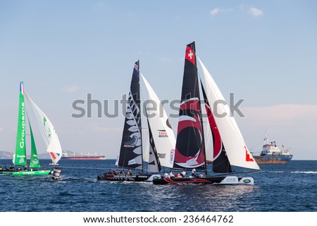 ISTANBUL, TURKEY - SEPTEMBER 13, 2014: Alinghi, Emirates Team New Zealand and Groupama teams compete in Extreme Sailing Series.