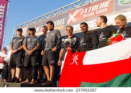 ISTANBUL, TURKEY - SEPTEMBER 14, 2014: Emirates Team New Zealand and The Wave, Muscat Teams in podium of Extreme Sailing Series.