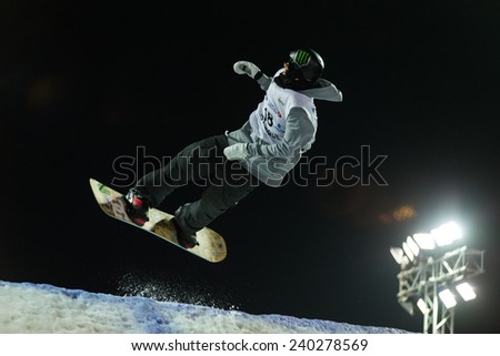ISTANBUL, TURKEY - DECEMBER 20, 2014: Sebbe De Buck jump in FIS Snowboard World Cup Big Air. This is first Big Air event for both, men and women.