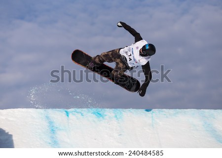ISTANBUL, TURKEY - DECEMBER 20, 2014: Alois Lindmoser jump in FIS Snowboard World Cup Big Air. This is first Big Air event for both, men and women.