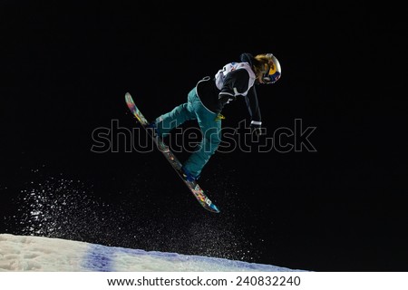 ISTANBUL, TURKEY - DECEMBER 20, 2014: Ty Walker jump in FIS Snowboard World Cup Big Air. This is first Big Air event for both, men and women.