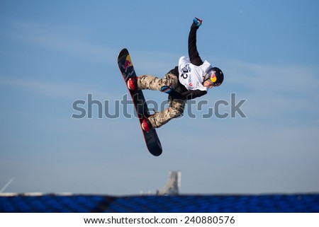 ISTANBUL, TURKEY - DECEMBER 20, 2014: Seppe Smits jump in FIS Snowboard World Cup Big Air. This is first Big Air event for both, men and women.