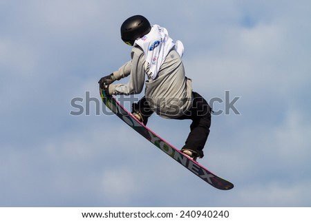 ISTANBUL, TURKEY - DECEMBER 20, 2014: Antoine Truchon jump in FIS Snowboard World Cup Big Air. This is first Big Air event for both, men and women.