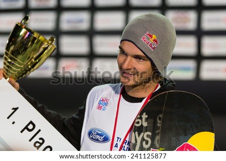 ISTANBUL, TURKEY - DECEMBER 20, 2014: Seppe Smits is winner of mans FIS Snowboard World Cup Big Air. This is first Big Air event for both, men and women.