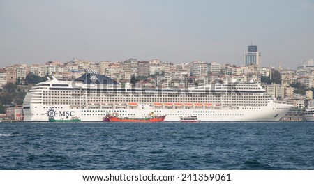 ISTANBUL, TURKEY - OCTOBER 07, 2014: MSC Orchestra cruise ship in Istanbul Port. Ship has 3,200 passenger capacity with 92,409 gross tons.