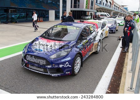 ISTANBUL, TURKEY - OCTOBER 11, 2014: Richard Goransson with Ford Fiesta ST of Olsbergs MSE AB Team in start during FIA World Rallycross Championship.