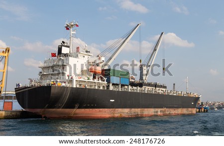 Cargo ship loading in a trading port