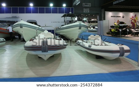 ISTANBUL, TURKEY - FEBRUARY 14, 2015: Inflatable boats in 8. CNR Eurasia Boat Show, CNR Expo